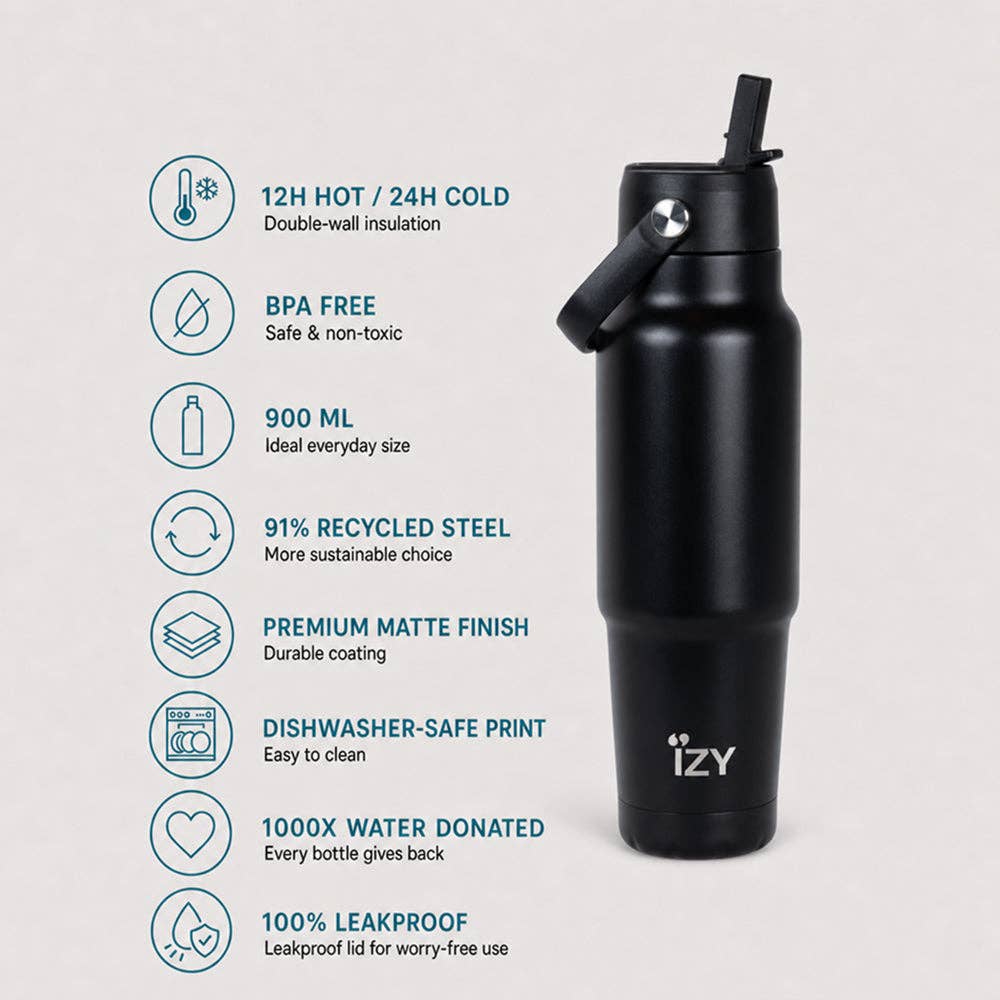 Black Stainless Steel 900ml Water Bottle